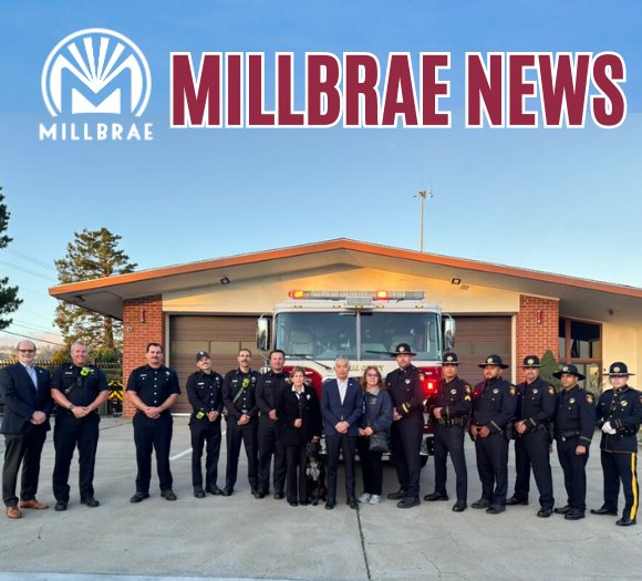 Millbrae News - Pictures Central County Fire Department, City Council, and Sheriff's Office in front of fire engine