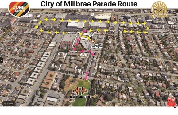 The Juneteenth parade route is as follows:  Starting at the Civic Center Plaza, participants will turn right on to Library Way, then turn left on Magnolia Avenue, then turn right on Meadow Glen Avenue, then turn right on Broadway, then turn right on Hillcrest Boulevard, then turn right on Magnolia, then turn left on Library Way, then turn left on Poplar Avenue, then turn right on Lansdale Avenue, walk across Palm Avenue to the Central Park entrance.    Street closures and traffic control will be in effect on Saturday, June 15, 2024 from 9:00 AM to 11:00 AM on the parade route.